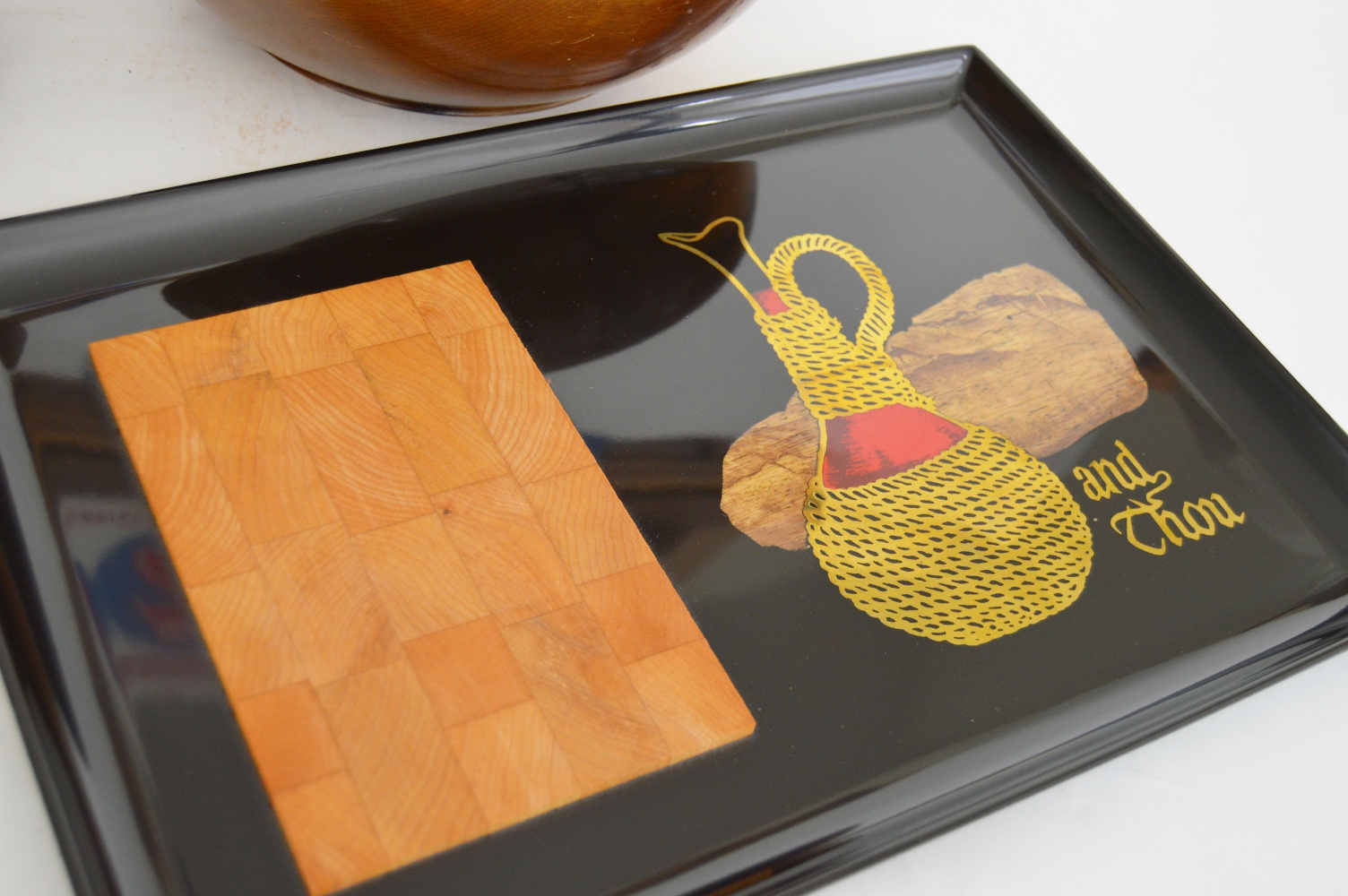 Mid Century Walnut and Myrtlewood Salad Bowls, Couroc Tray