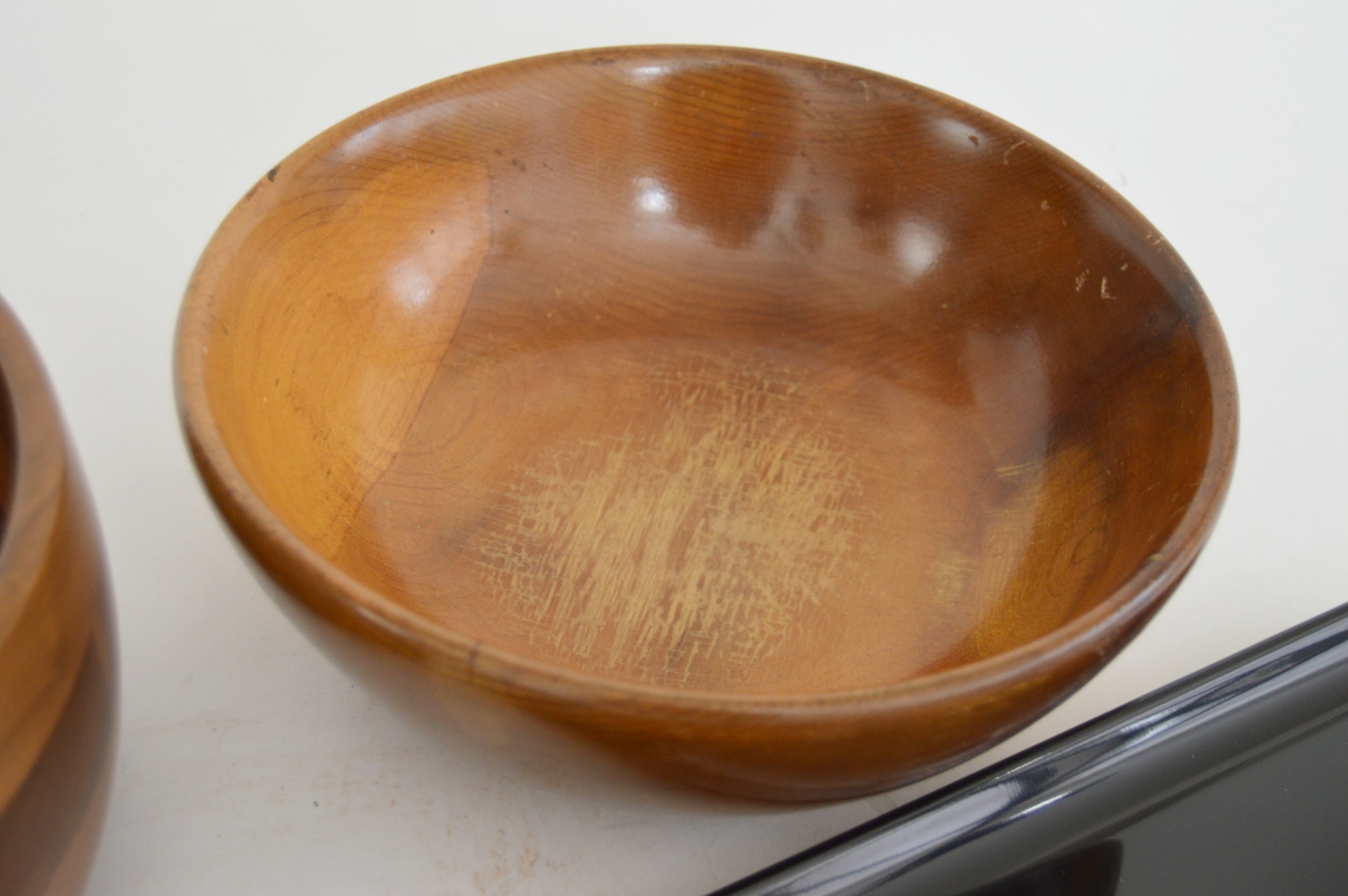 Mid Century Walnut and Myrtlewood Salad Bowls, Couroc Tray