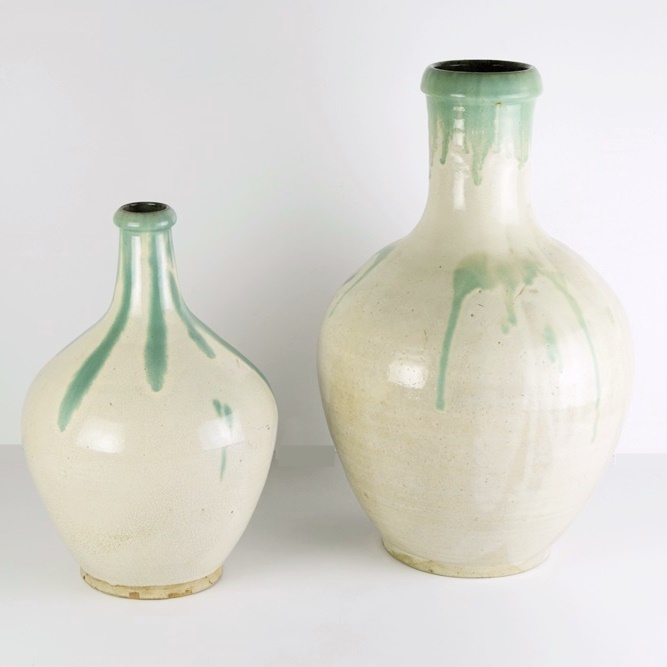 Meiji Period Ibaraki Prefecture Sake Bottle in Green Overspill Glaze