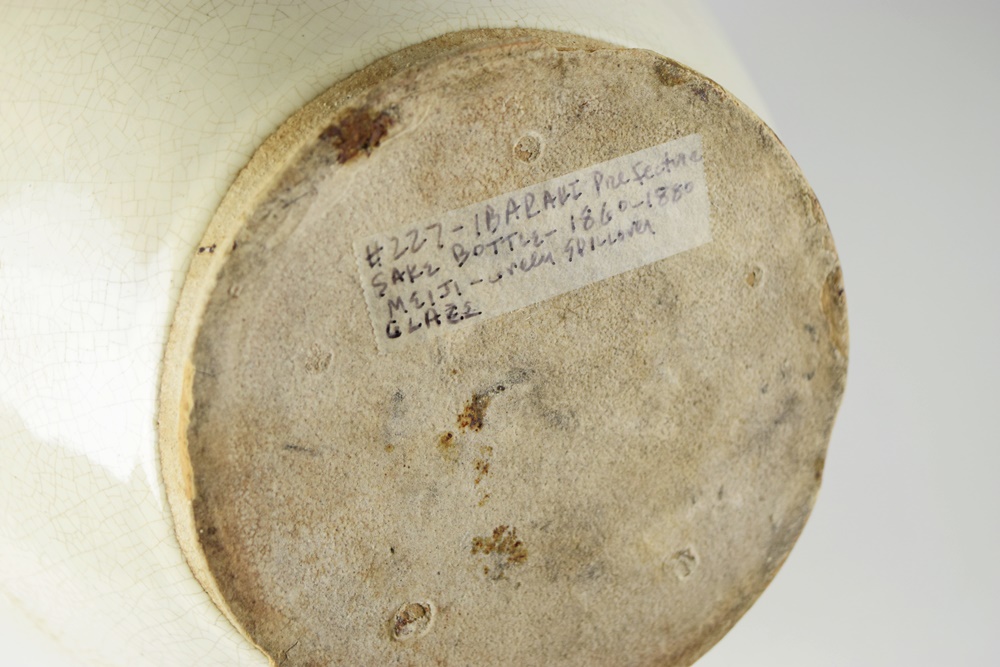 Meiji Period Ibaraki Prefecture Sake Bottle in Green Overspill Glaze