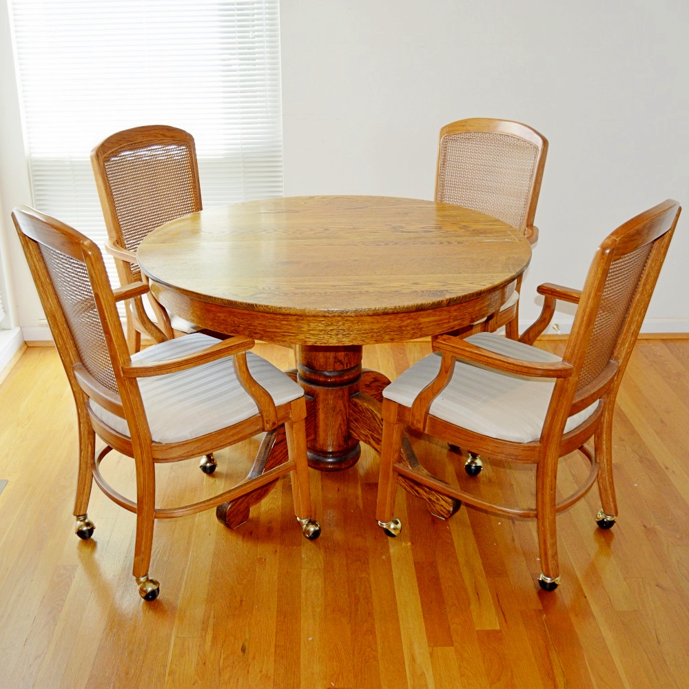 Round Oak Table and Four Oak Chairs