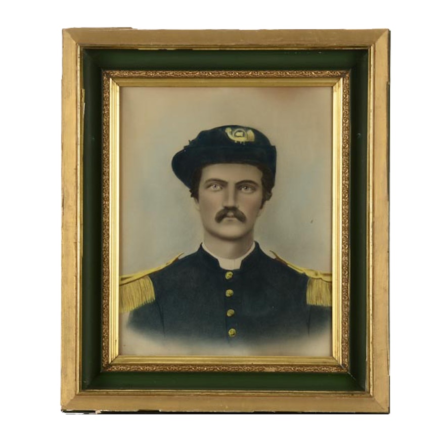 Antique Civil War Hand-Colored Crayon Portrait of Union Officer