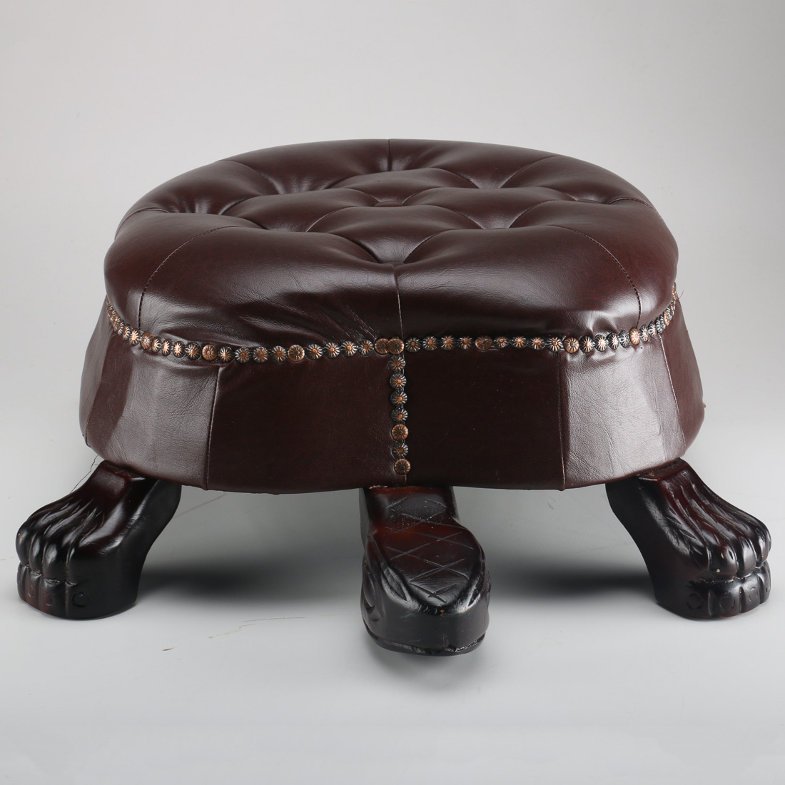 Stylized Wood and Leather Turtle Footstool