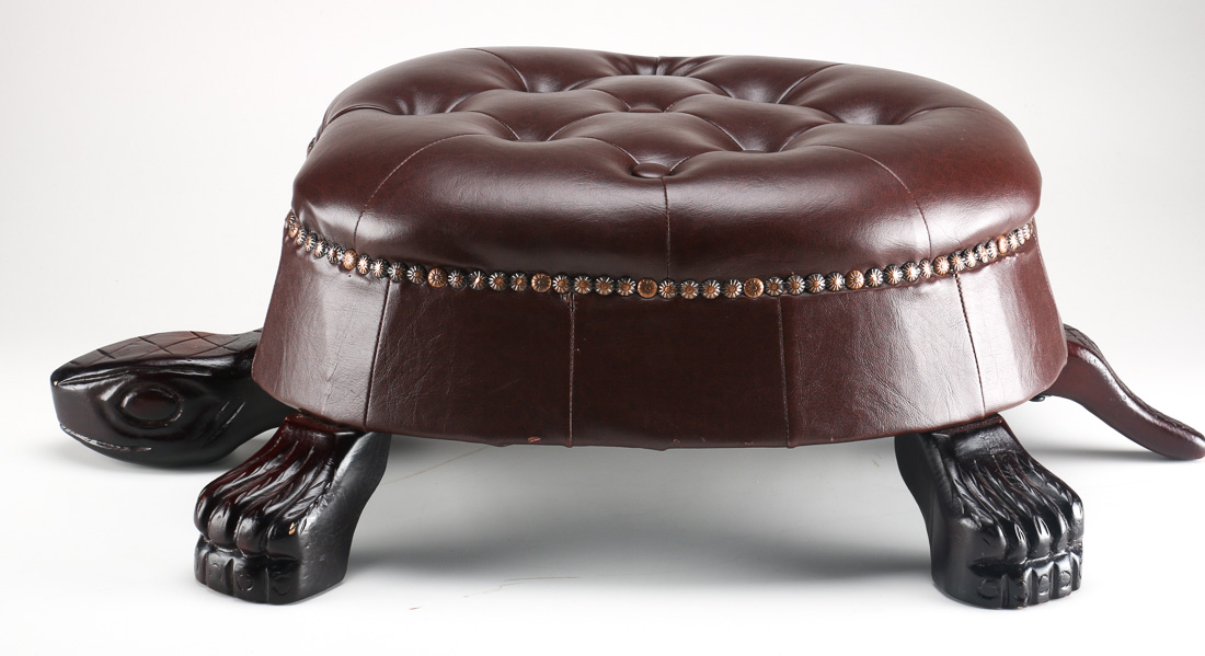 Stylized Wood and Leather Turtle Footstool