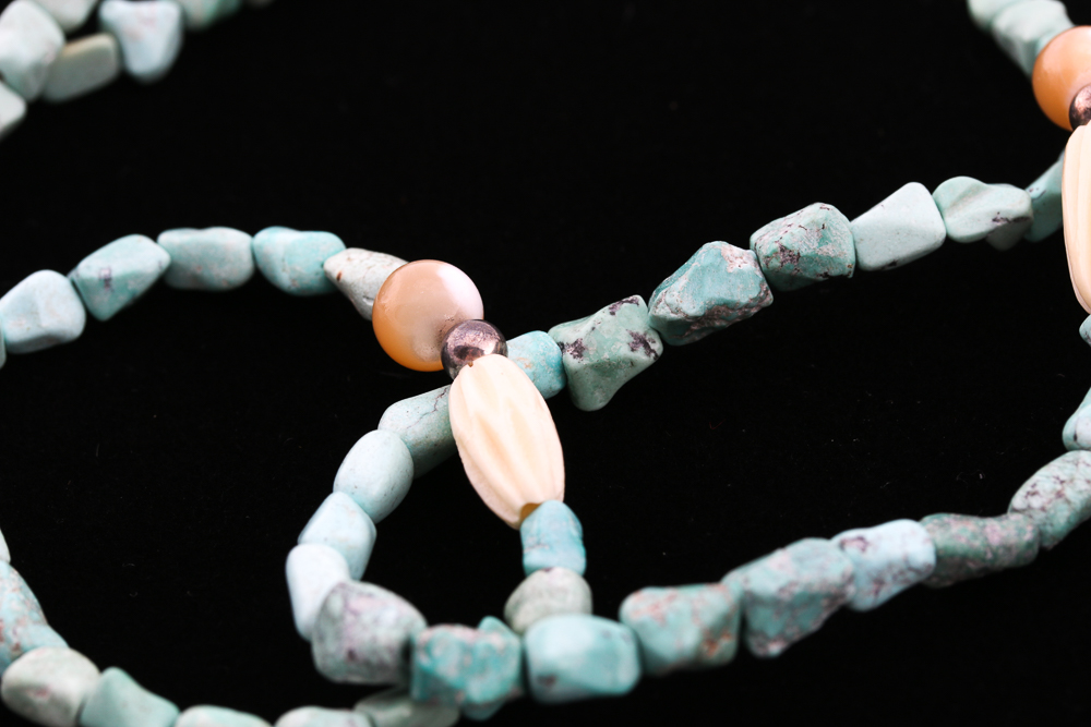 Elizabeth Errico Sterling Silver Shell, Bone and Chalk Turquoise Necklace