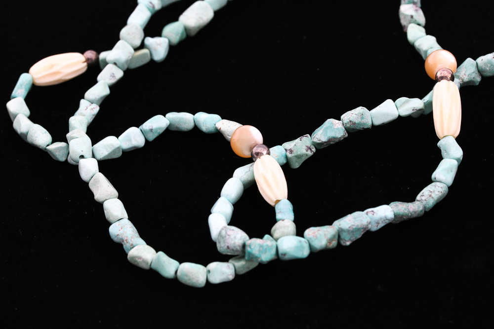 Elizabeth Errico Sterling Silver Shell, Bone and Chalk Turquoise Necklace