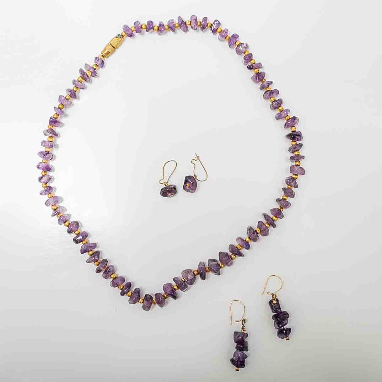 Purple Stone Necklace and Two Pairs of Earrings