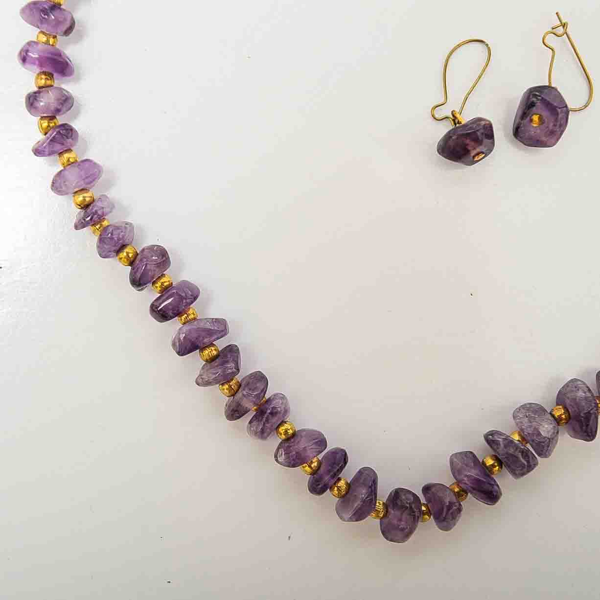 Purple Stone Necklace and Two Pairs of Earrings