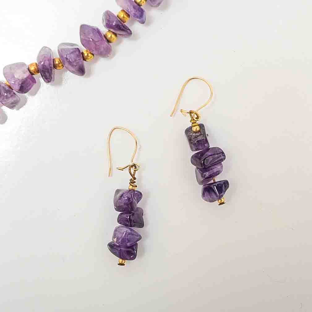 Purple Stone Necklace and Two Pairs of Earrings