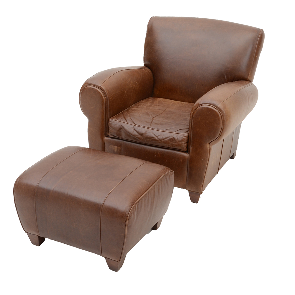 Pottery Barn Mitchell Gold and Bob Williams Brown Leather Chair and Foot Rest