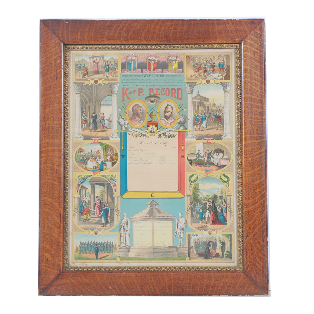 Chromolithograph Knights of Pythias Membership Certificate
