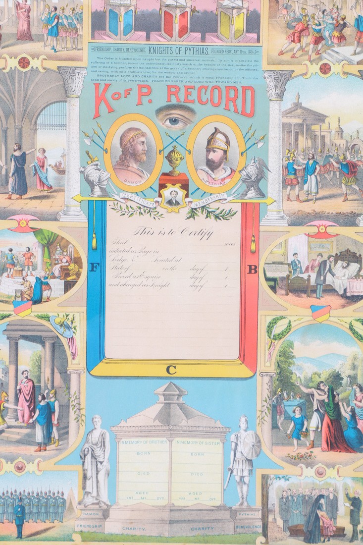 Chromolithograph Knights of Pythias Membership Certificate