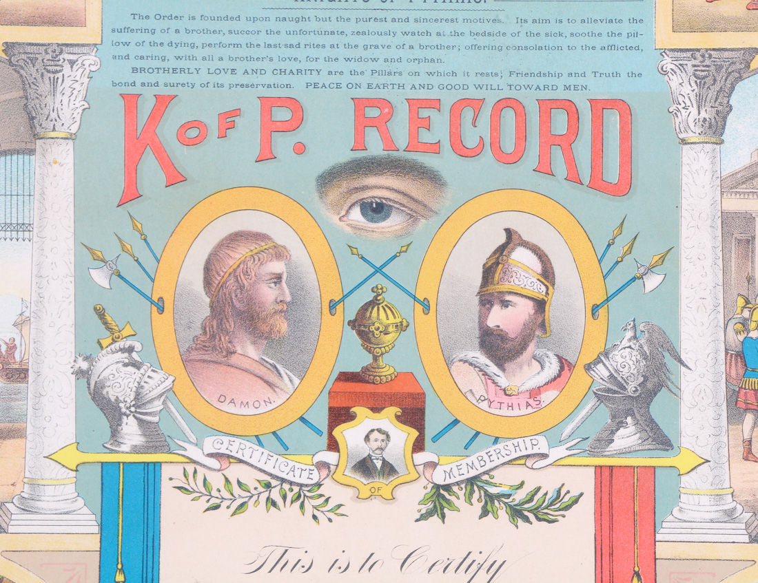 Chromolithograph Knights of Pythias Membership Certificate