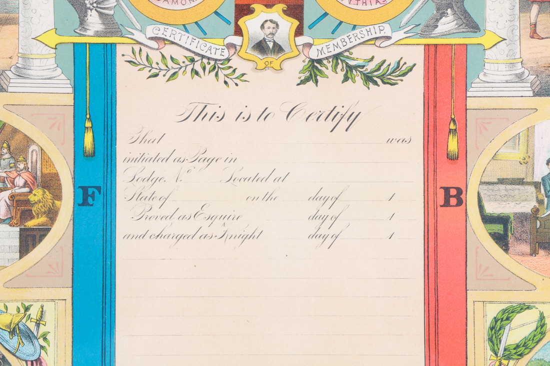 Chromolithograph Knights of Pythias Membership Certificate