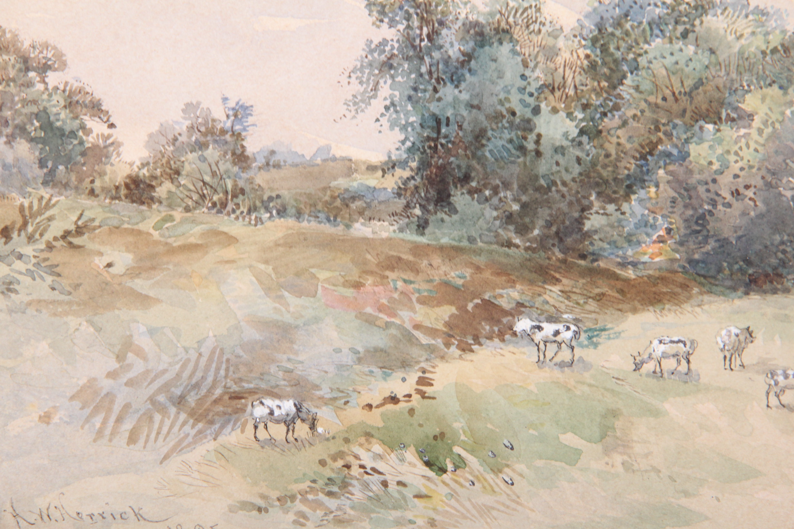 Henry W. Herrick Watercolor "Pastoral Scene with Cows Grazing"