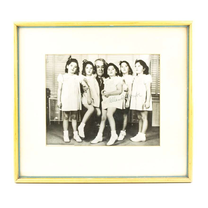 Framed Press Photograph of the Dionne Quintuplets, Signed by Dr. Dafoe