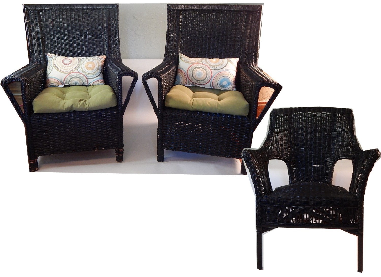 Trio of Vintage Wicker Arm Chairs - Black