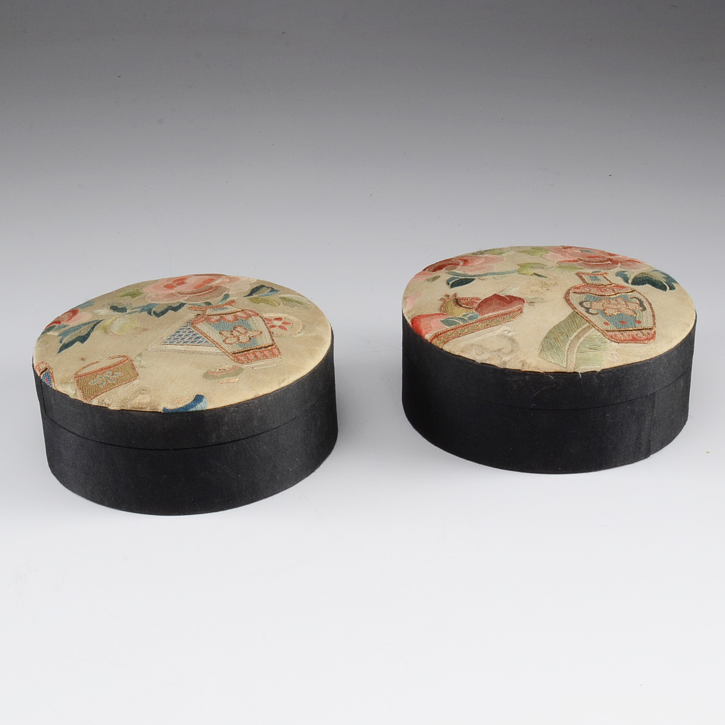 Two Matching Chinese Embroidered Round Boxes