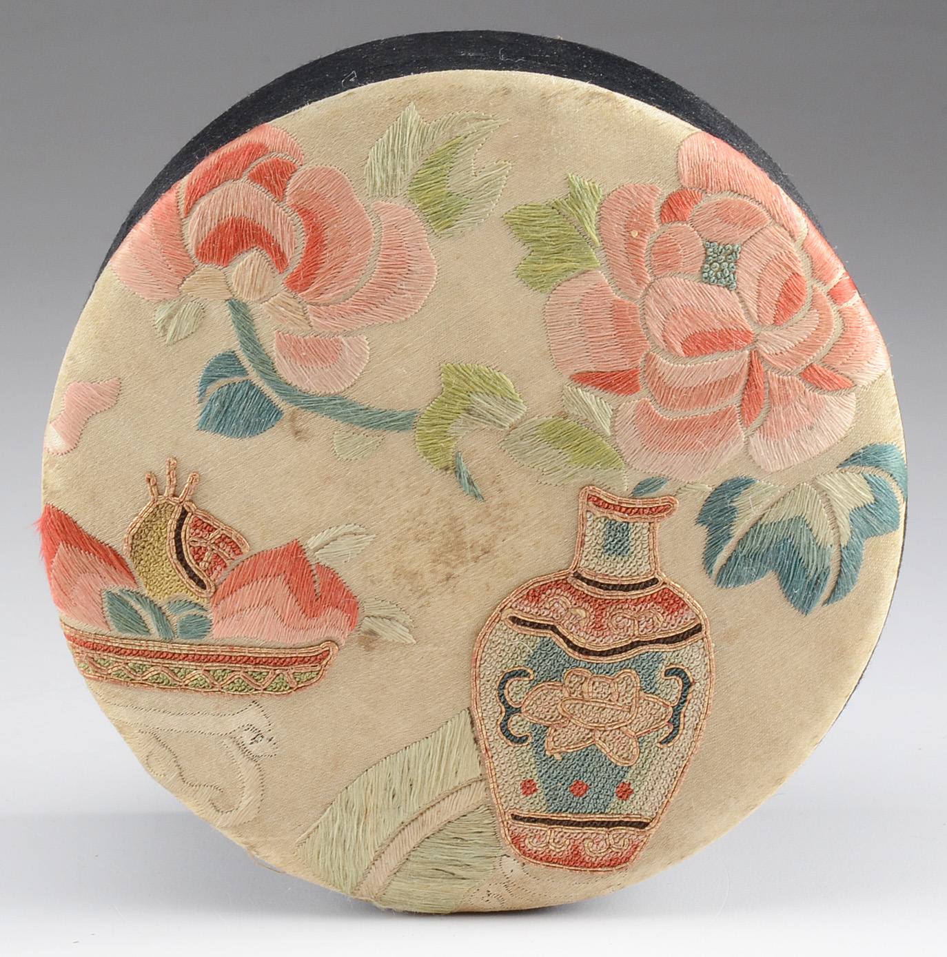 Two Matching Chinese Embroidered Round Boxes
