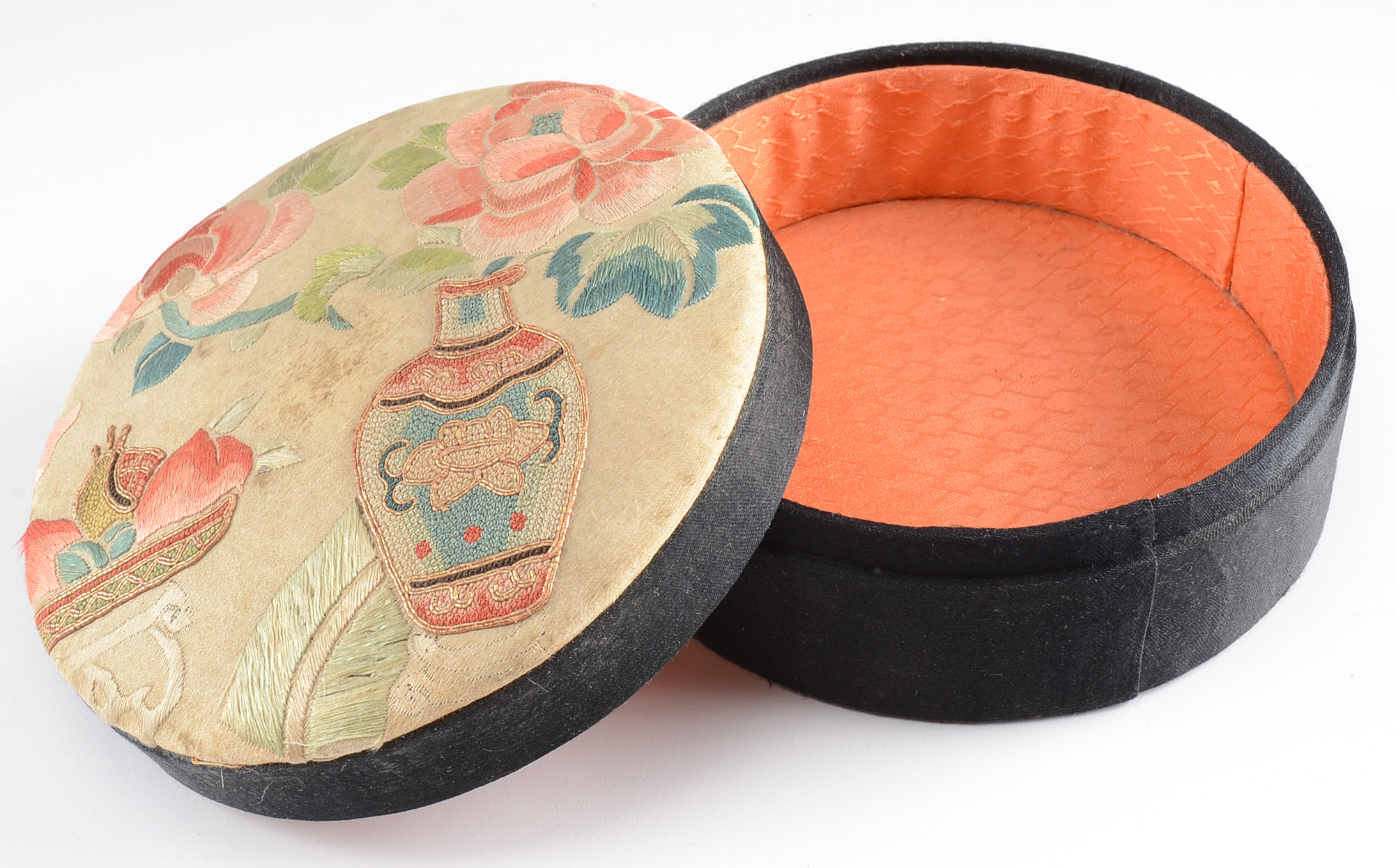 Two Matching Chinese Embroidered Round Boxes