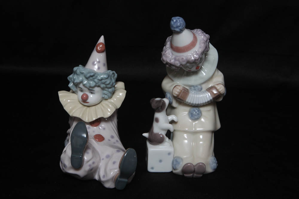 Lladro Clown Collectibles including "Tired Friend" and "Pierrot with Concertina"