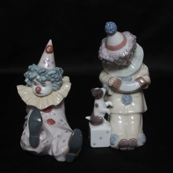Lladro Clown Collectibles including "Tired Friend" and "Pierrot with Concertina"