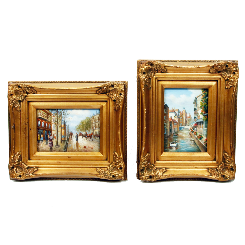 B. Fitz European Cityscape Oil on Board Paintings