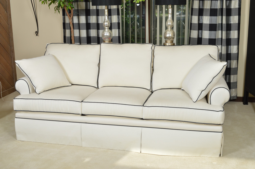 Custom Upholstery Great Room Sofa by Bassett Ivory with Black Piping Bassett Sofa