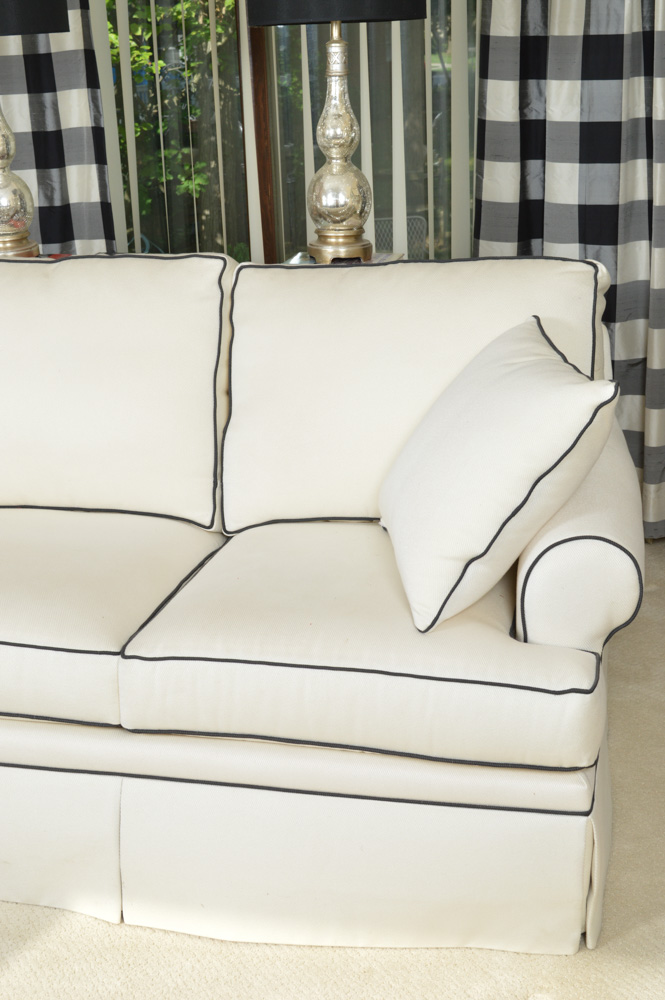 Custom Upholstery Great Room Sofa by Bassett Ivory with Black Piping Bassett Sofa