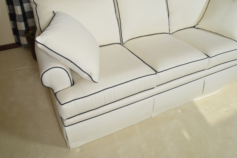 Custom Upholstery Great Room Sofa by Bassett Ivory with Black Piping Bassett Sofa