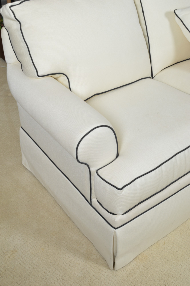 Custom Upholstery Great Room Sofa by Bassett Ivory with Black Piping Bassett Sofa