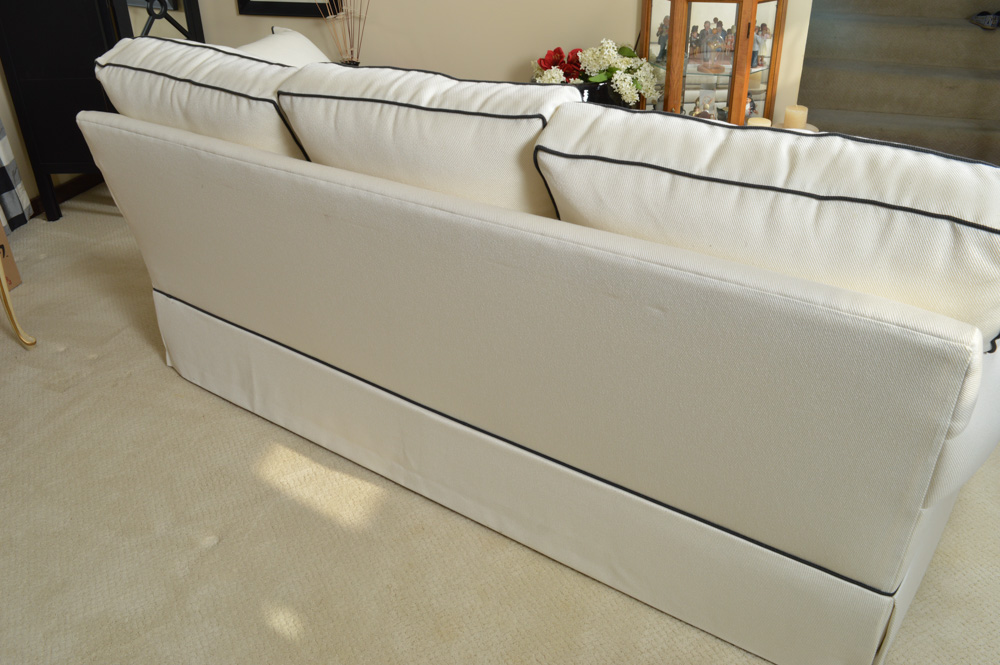 Custom Upholstery Great Room Sofa by Bassett Ivory with Black Piping Bassett Sofa