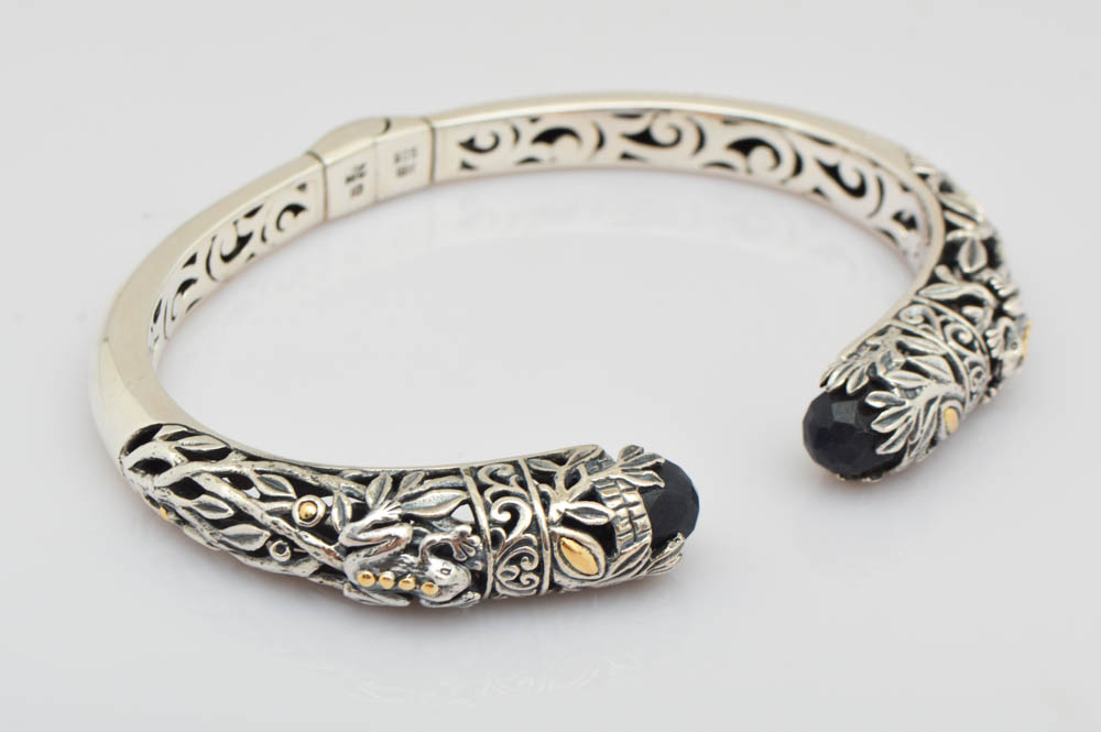 Robert Manse Sterling Silver, 18K Gold and Charcoal Quartz Bangle Bracelet