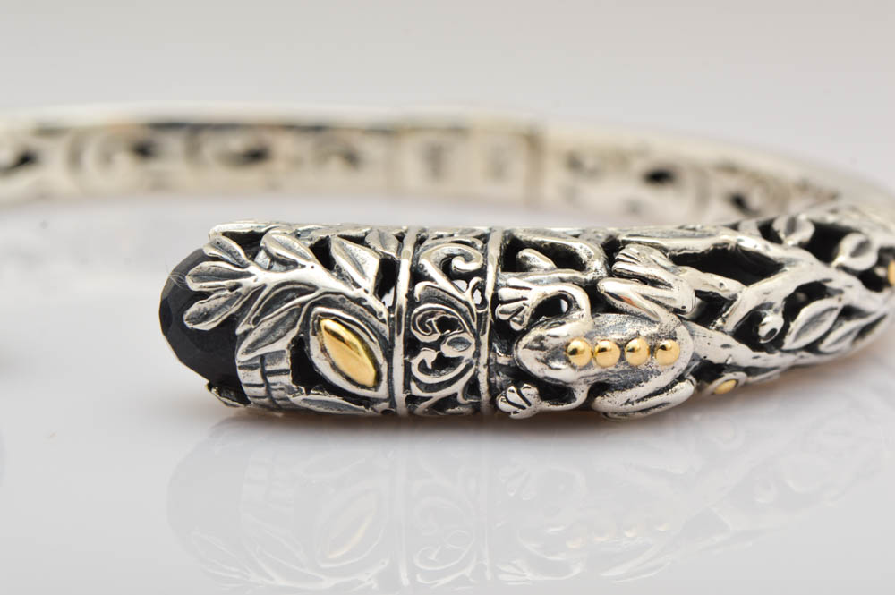 Robert Manse Sterling Silver, 18K Gold and Charcoal Quartz Bangle Bracelet