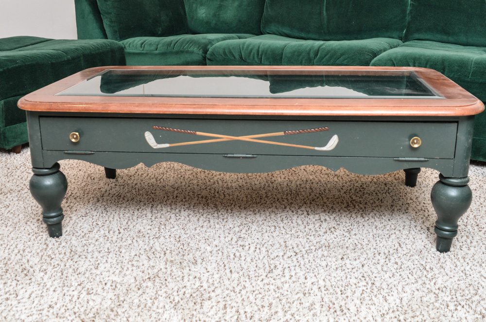 Golf Theme Glass Top Coffee Table with Display Compartment