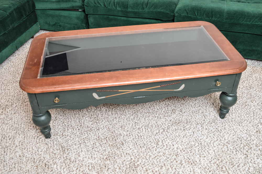 Golf Theme Glass Top Coffee Table with Display Compartment