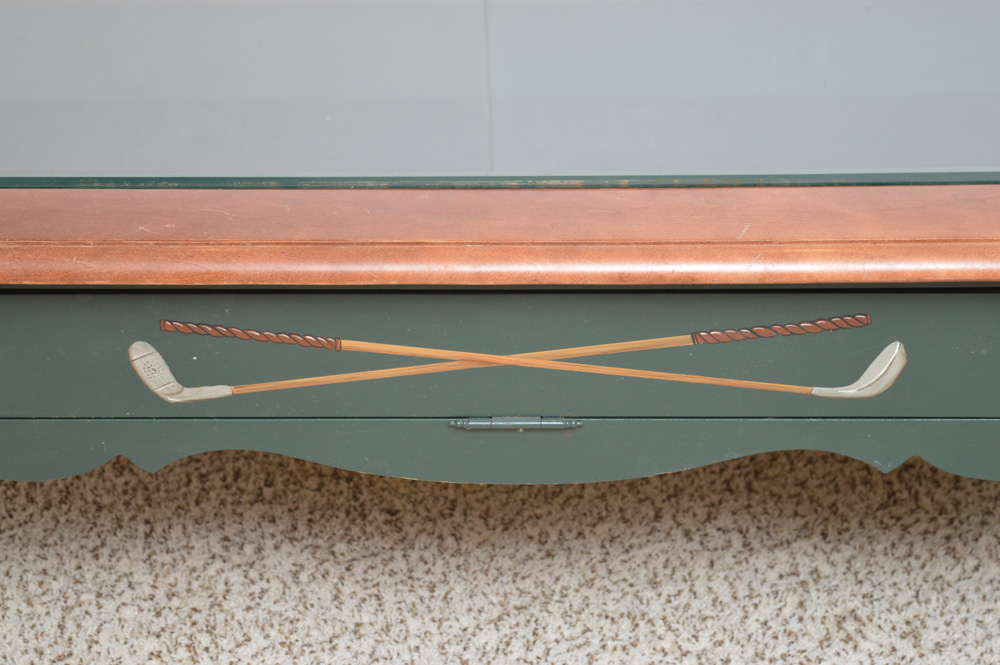Golf Theme Glass Top Coffee Table with Display Compartment