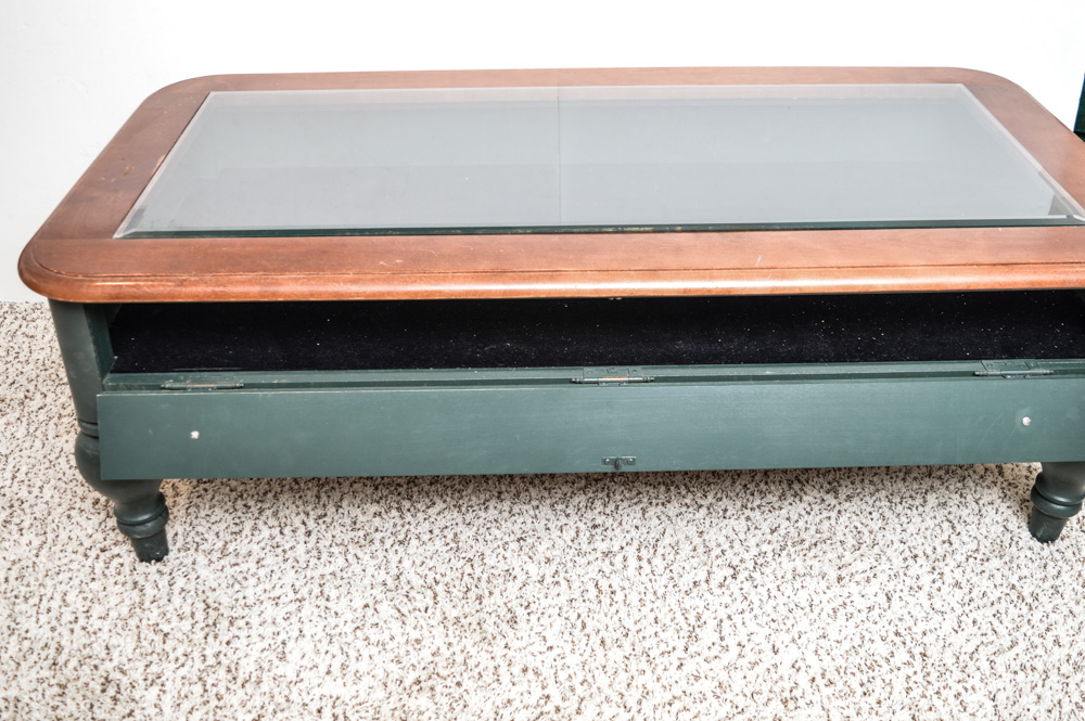 Golf Theme Glass Top Coffee Table with Display Compartment