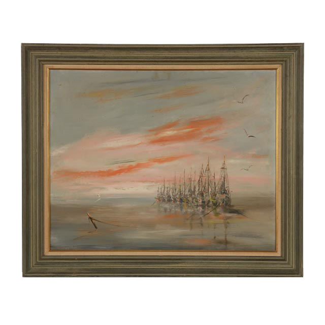 W. E. Dwyer Original Oil Painting of Ships in Harbor