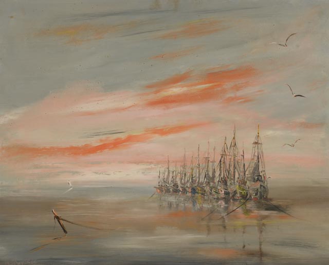 W. E. Dwyer Original Oil Painting of Ships in Harbor