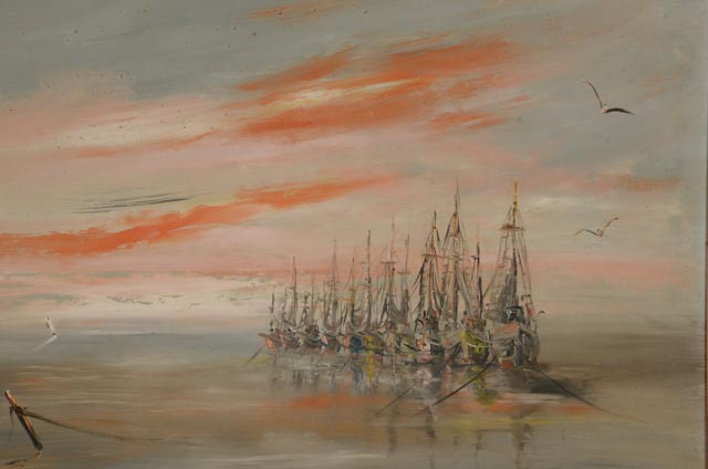 W. E. Dwyer Original Oil Painting of Ships in Harbor