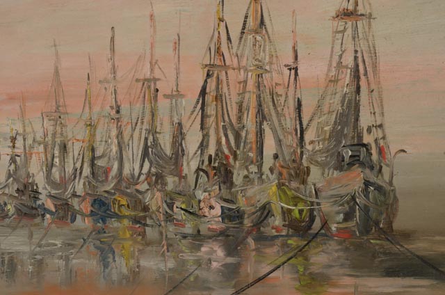 W. E. Dwyer Original Oil Painting of Ships in Harbor