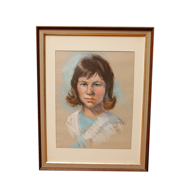 Framed Pastel Chalk Drawing of a Young Woman