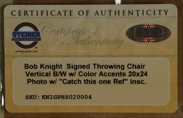 Bobby Knight Signed Chair Throwing Photo  COA