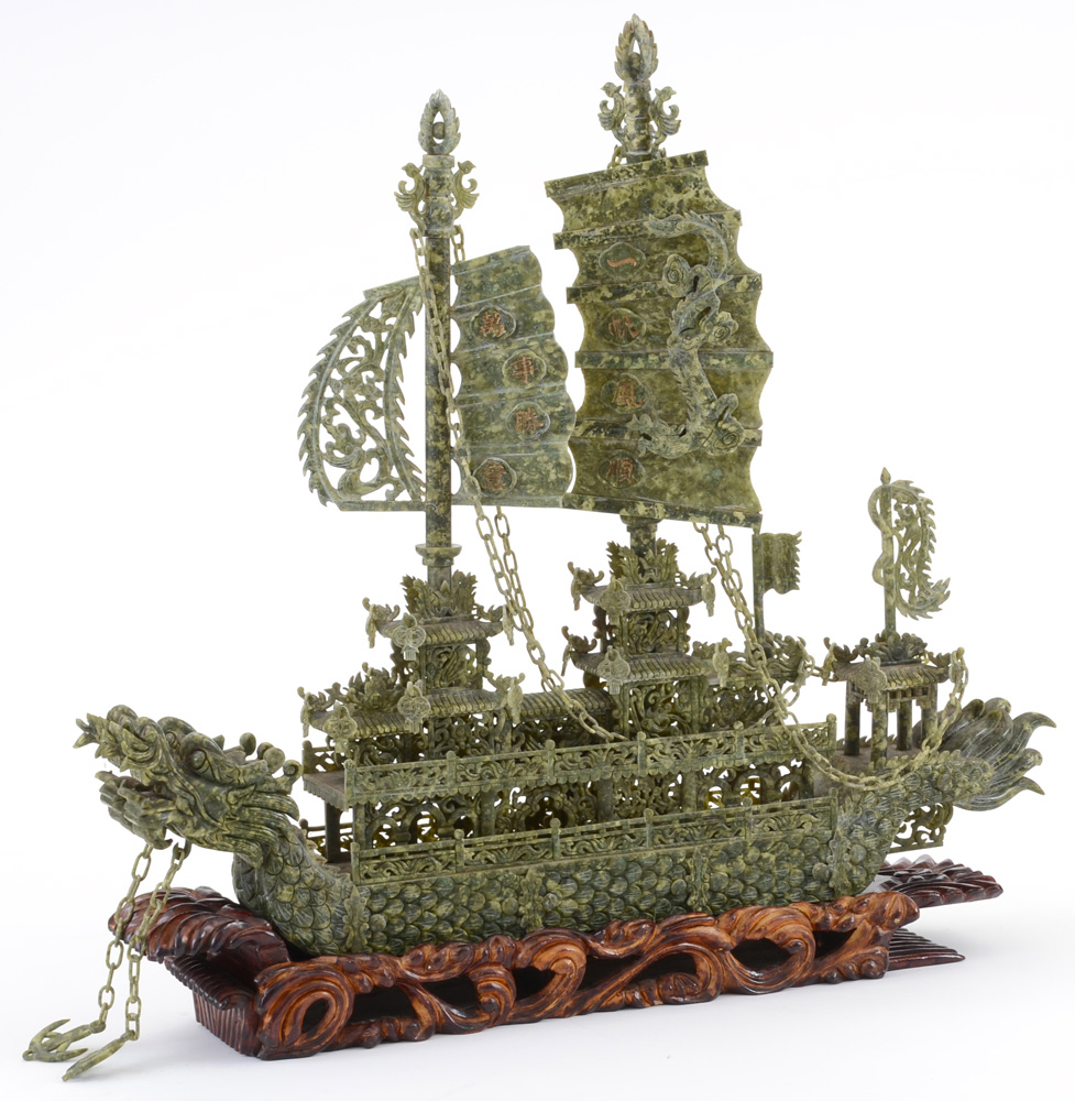 Large Carved Serpentine Stone Chinese Dragon Ship