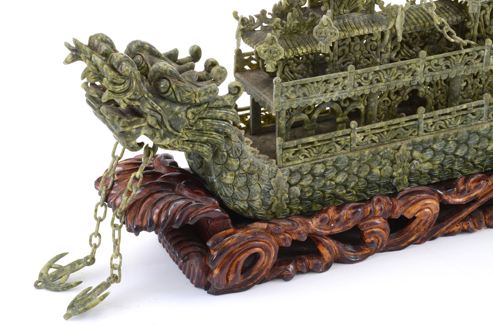 Large Carved Serpentine Stone Chinese Dragon Ship