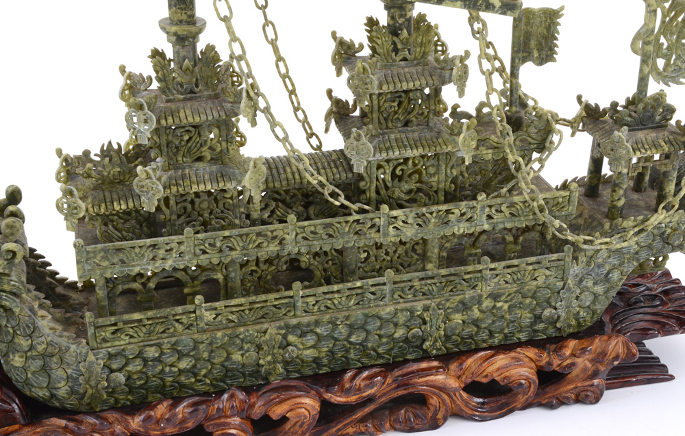 Large Carved Serpentine Stone Chinese Dragon Ship