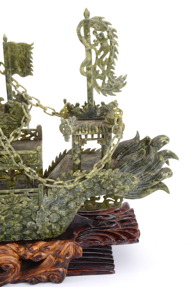 Large Carved Serpentine Stone Chinese Dragon Ship