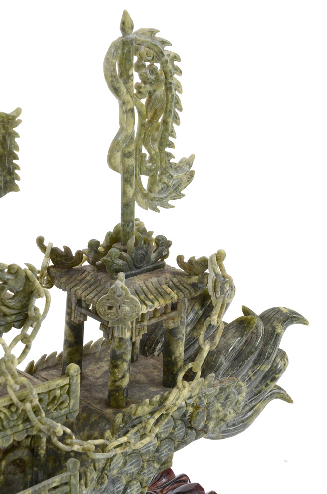 Large Carved Serpentine Stone Chinese Dragon Ship