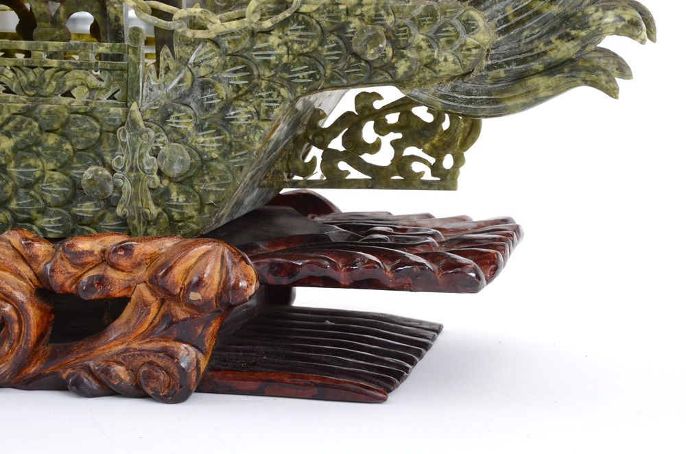 Large Carved Serpentine Stone Chinese Dragon Ship